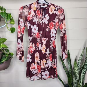 Allison And Kelly Burgandy Floral Chiffon Long Sleeved Tiered Size Small Mini...